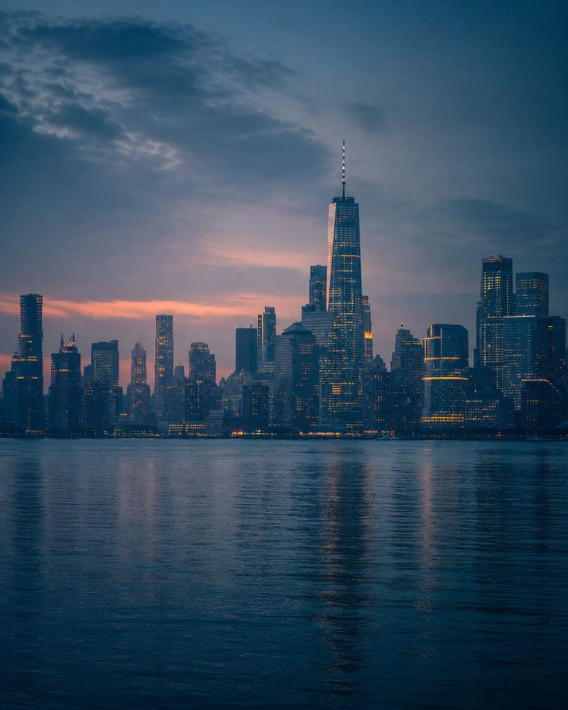 Manhattan bei Blue Hour, Skyline und ruhiger Fluss mit warmen Fenstern
